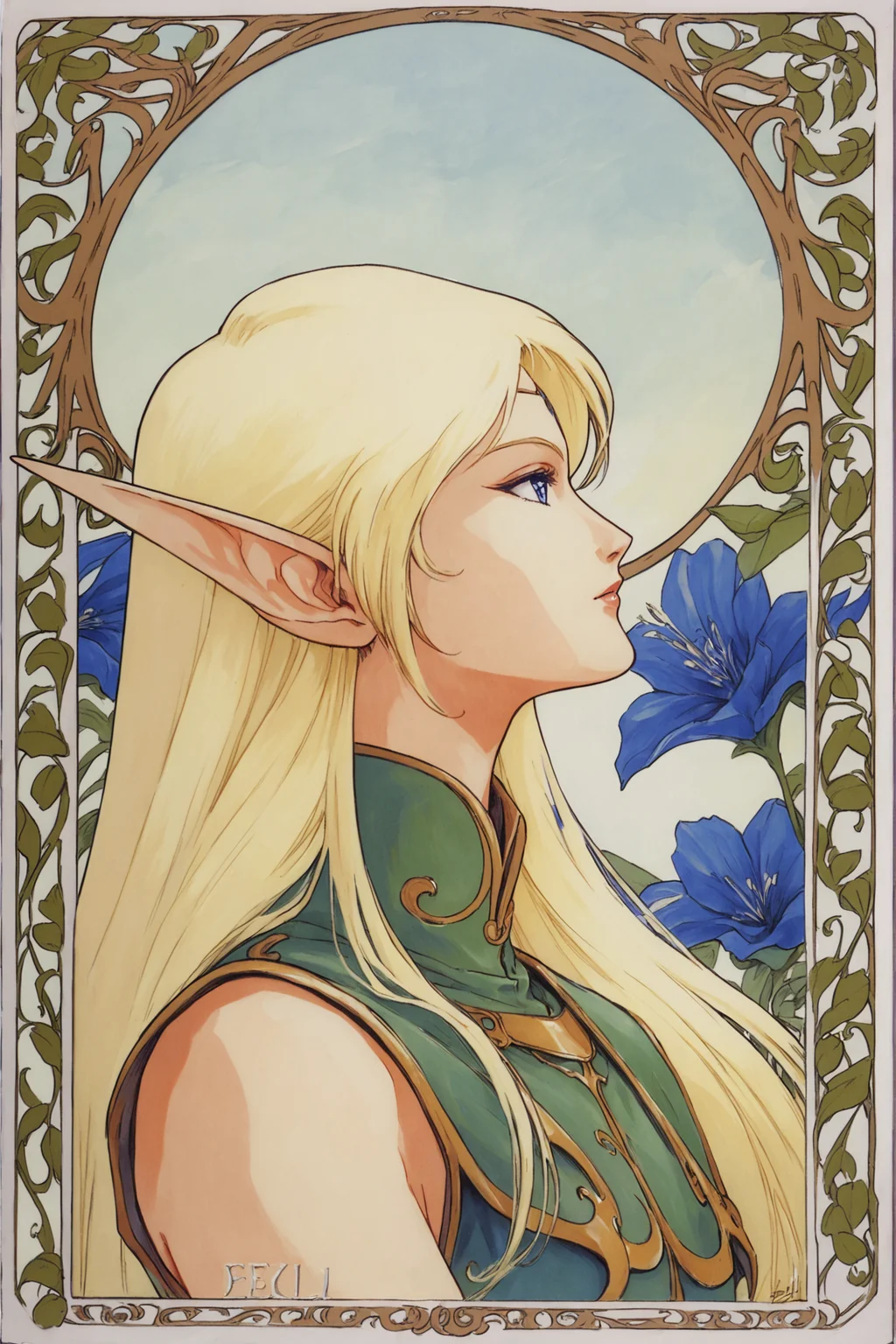 pointy ears,1girl,Deedlit,elf,blonde hair,long hair,solo,art nouveau,flower,profile,blue eyes,portrait,retro artstyle,traditional media,score_8_up,<lora:Yutaka Izubuchi_XL_PONY:0.9>,
