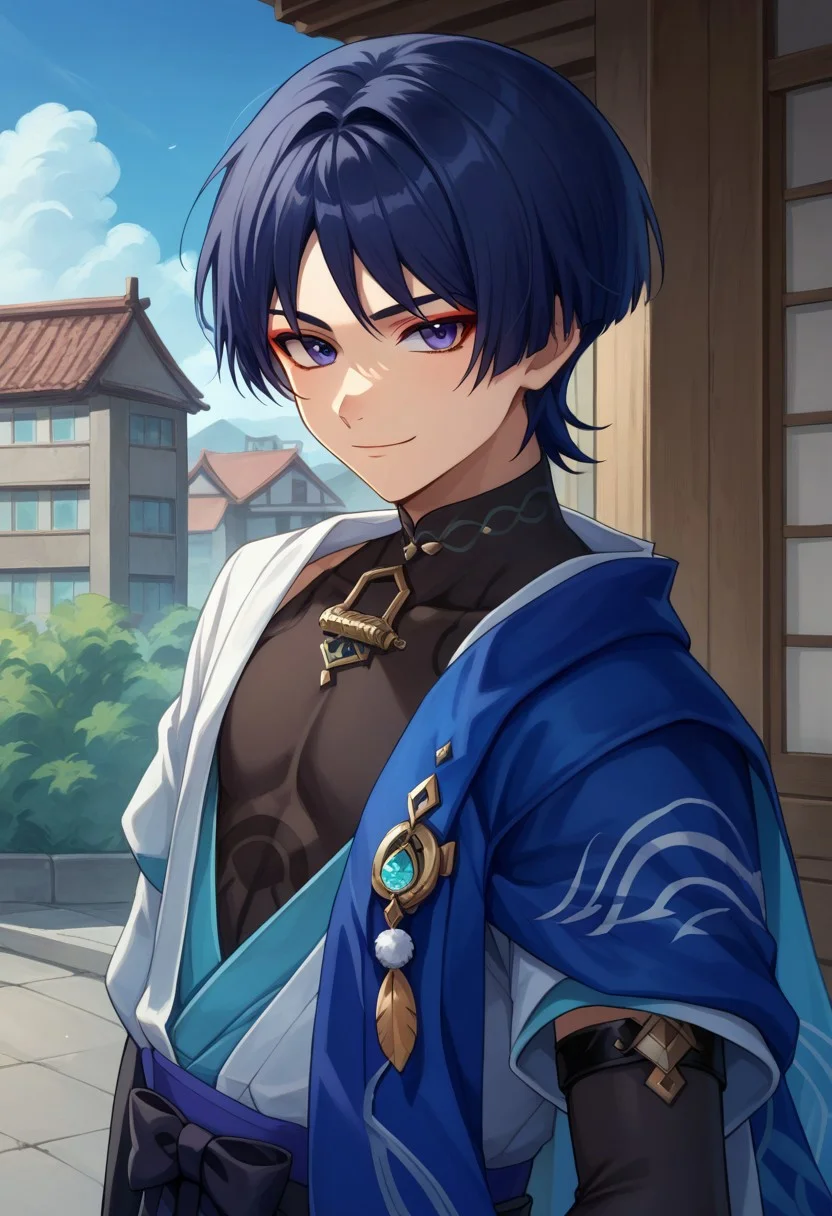 score_9, score_8_up, score_7_up, source_anime, highly detailed,
scaramou,1boy, male focus, solo, indigo hair, short hair, bangs, purple eyes, red eyeshadow,, japanese clothes, mandarin collar, shirt, black shirt, sleeveless, vest, blue vest, open vest, cape, blue cape, elbow gloves, black gloves, fingerless gloves, smirk, looking at viewer,
outdoor, building, japanese,