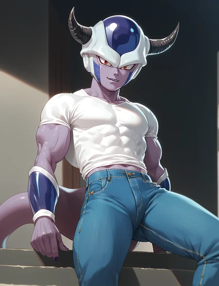 <lora:Friezas_Race_Dragon_Ball_Z_Frost_demon_Frieza_Clan:.9> frost demon, blue color scheme, shirt, jeans, horns, score_9, score_8_up, score_7_up, masterpiece, high quality, 8K, <lora:detailed_notrigger:1>, <lora:SDXLHighDetail_v5:1>, <lora:detailed_notrigger:1>, <lora:SDXLHighDetail_v5:1>