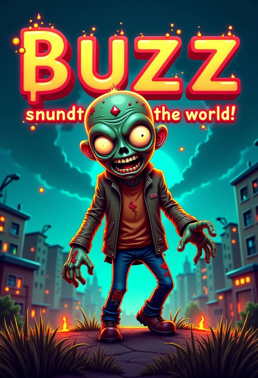 Must expensive horror movie outdoor written in galactic letter like it's the must beautiful thing in the world (written 'Buzz or Brains' with letters out of height) with a cartoon zombie on a close up to viewer in a hyper realistic style.