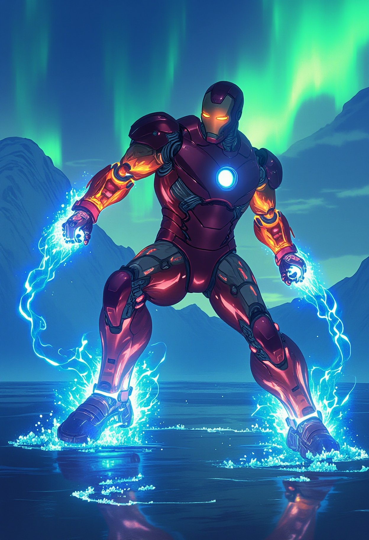 Iron Man in a dynamic combat pose, standing on an icy lake, his glowing prosthetic armor blazing with blue and orange energy. His right arm is raised, aiming a pulsating energy blast, while his left arm is braced defensively, a shield of light emanating from his gauntlet. The ice beneath him crackles with energy as his boots emit a faint glow, stabilizing him on the frozen surface. Twilight envelops the scene, with a vivid aurora painting the sky, reflecting on the icy terrain. The armor is highly detailed, showcasing intricate circuitry and glowing nodes, exuding power and precision in the heat of battle.