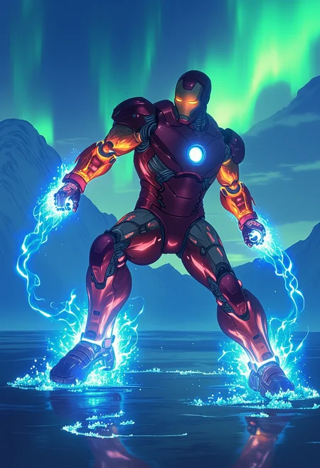 Iron Man in a dynamic combat pose, standing on an icy lake, his glowing prosthetic armor blazing with blue and orange energy. His right arm is raised, aiming a pulsating energy blast, while his left arm is braced defensively, a shield of light emanating from his gauntlet. The ice beneath him crackles with energy as his boots emit a faint glow, stabilizing him on the frozen surface. Twilight envelops the scene, with a vivid aurora painting the sky, reflecting on the icy terrain. The armor is highly detailed, showcasing intricate circuitry and glowing nodes, exuding power and precision in the heat of battle.