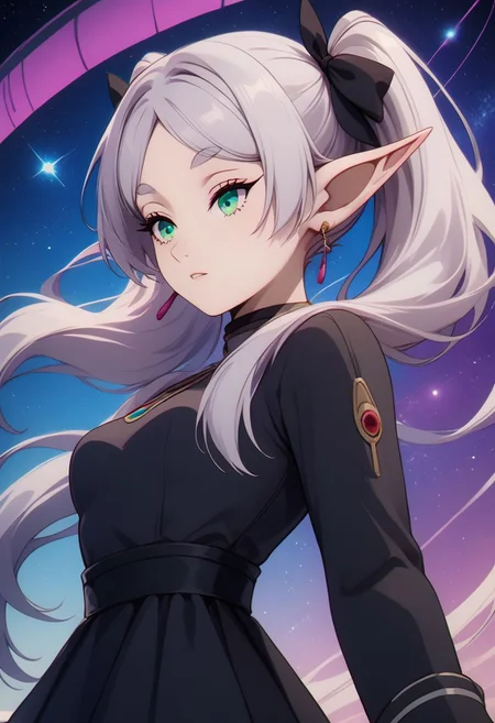 score_9, score_8_up, score_8, medium breasts, (curvy), cute, eyelashes, rating_safe,
BREAK,
zzFrieren, long hair, twintails, green eyes, grey hair, pointy ears, elf, black dress,
BREAK,
dynamic angle, stars, floating, colorful, pink, blue eyes, black bow, from side, on back, spaceship, technological,
zPDXL,