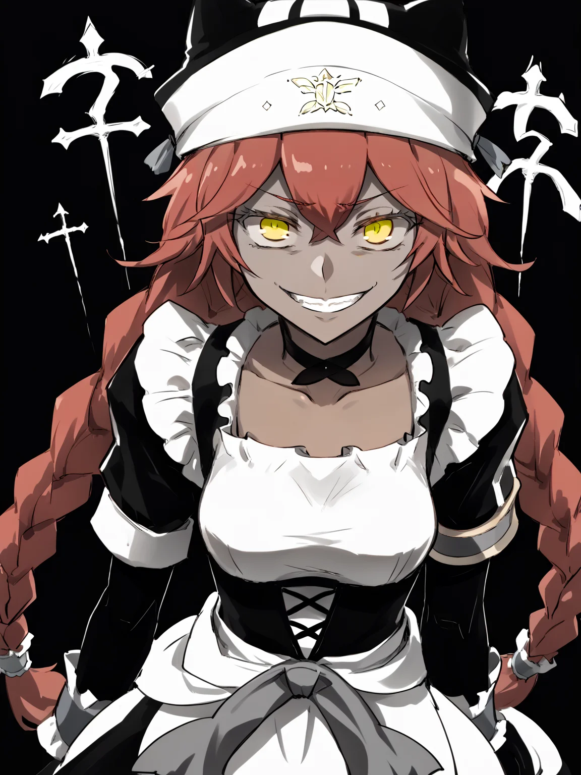 score_9, score_8_up, BREAK, source_anime, monochrome, greyscale, ebiblue, gesugao, 1girl, lupusregina, red hair, long hair, twin braids, yellow eyes, dark skin, choker, dress, hat, maid, (glowing eyes:0.5), sadistic smile, looking at viewer, solo, sketch, black background <lora:EbiblueXL:1> <lora:LupusReginaXL:0.9>