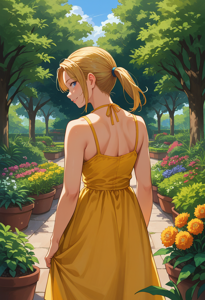 score_9, score_8_up, source_anime, 1girl, solo, NinWilliams, medium hair, ponytail, from behind, yellow sundress, garden, day, sunshine, smile, looking back, <lora:ChamNinaWilliamsPonyXL:1>