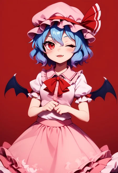 score_9, score_8_up, score_8, medium breasts, (curvy), cute, eyelashes,     
BREAK,
zzLFashion, 1girl, ;o, bat (animal), bat wings, blue hair, blush, center frills, collared shirt, fang, fang out, frilled shirt, frilled shirt collar, frilled sleeves, frills, gradient background, hair between eyes, hat, hat ribbon, kirisaki shuusei, layered skirt, Lfashion, looking at viewer, mob cap, one eye closed, pink hat, pink skirt, pink theme, print skirt, puffy short sleeves, puffy sleeves, red background, red eyes, red ribbon, remilia scarlet, ribbon, ribbon-trimmed headwear, ribbon trim, shirt, short hair, short sleeves, skirt, skirt hold, sleeve ribbon, touhou, wings
zPDXL,