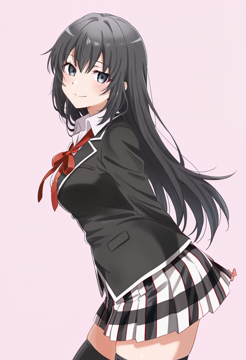 1girl, oregairumiagup, black hair, very long hair, black eyes, sobu high school uniform, black jacket, neck ribbon, red ribbon, plaid skirt, pleated skirt, black thighhighs, looking at viewer, smile, cute, from side, <lora:RumiHighSchool_ill_v2:1>, masterpiece, best quality, high quality, detailed, absurdres