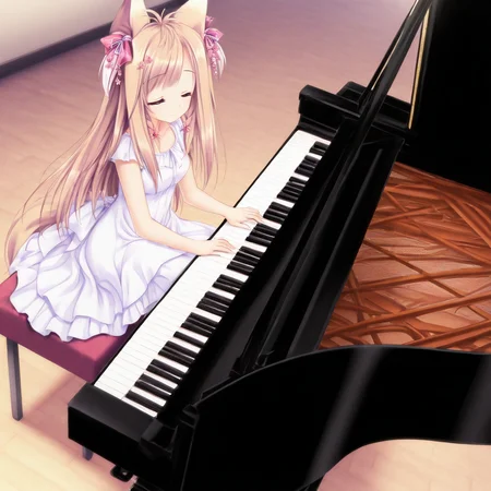 masterpiece, best quality, anime screencap, closed eyes, <lora:Mito_Kohaku_1_illu:1.0> Mito Kohaku, hair flower, hair ornament, hair bow, hair ribbon, fox ears, fox tail, <lora:girl_playing_a_piano:1> girl_and_piano, (playing instrument), instrument, piano, sitting, grand piano, bare hands, (white dress:1.2), hands on lap, smile, <lora:detailed hand focus style illustriousXL v1:1> detailed style, Detailed hand, Perfect hand, hand, short body