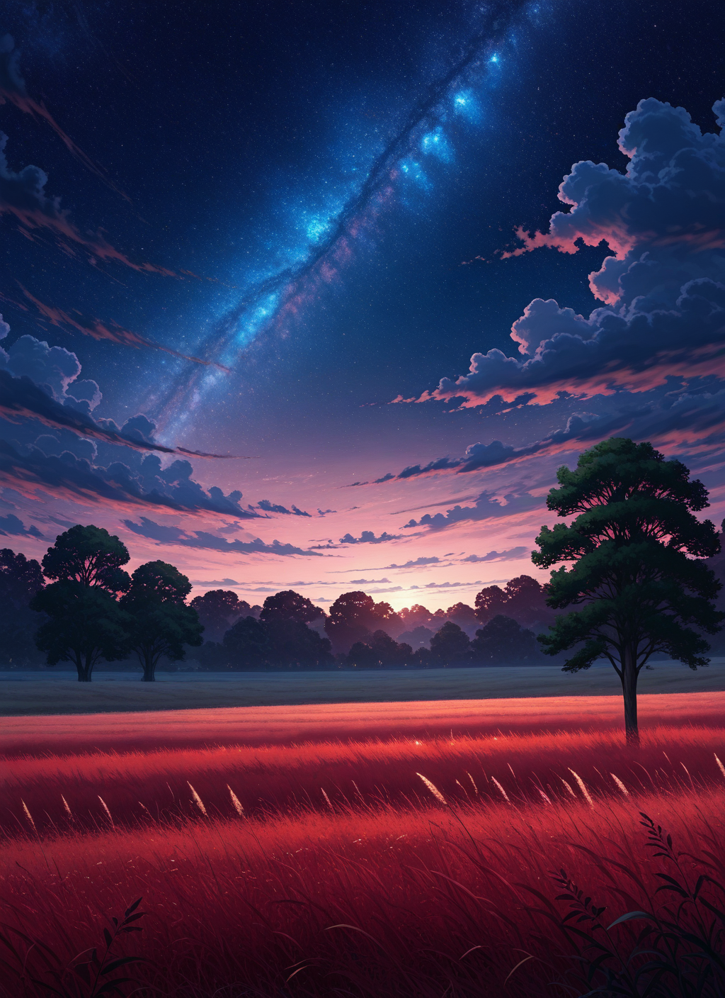 artist:, masterpiece, best quality, newest, very awa, absurdres, highres, scnr, red hues, night, stars, clouds, luminescent flowers, field, wind, trees far away, detailed, <lora:SDXL\Illustrous\Concept\Scenery_Enchancer-Illu-scnr:1.0>