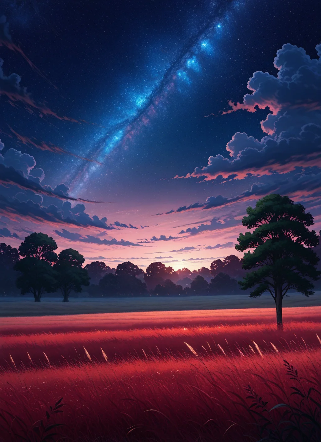 artist:, masterpiece, best quality, newest, very awa, absurdres, highres, scnr, red hues, night, stars, clouds, luminescent flowers, field, wind, trees far away, detailed, <lora:SDXL\Illustrous\Concept\Scenery_Enchancer-Illu-scnr:1.0>