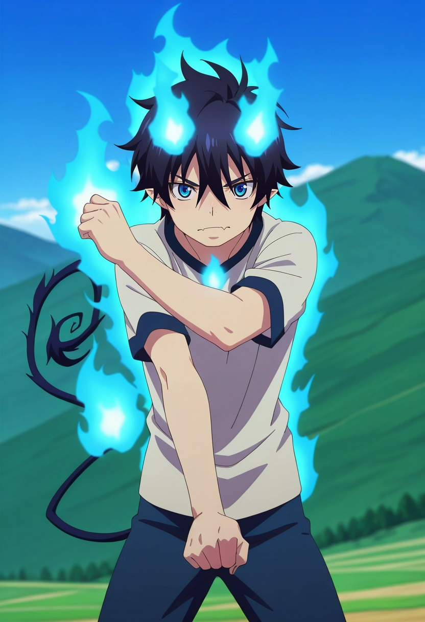 masterpiece, best quality, , anime screencap, anime coloring, , looking at viewer, depth of field, 1boy, solo, male focus, <lora:rin_okumura_ilxl:0.98>, rin_okumura, black hair, blue eyes, short hair, hair between eyes, , tail, blue fire, cowboy shot, hill, midnight, (dynamic pose), skin fang,