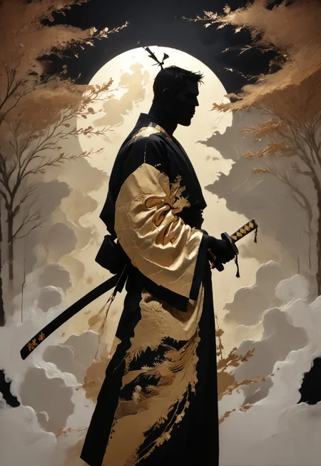 score_9, score_8_up, score_7_up,
1boy, male, solo, dynamic pose,
short hair, samurai topknot, single topknot, black eyes, japanese clothing, kimono, wide sleeves, black Nagajuban \(japanese clothing\), geta, Jack's Katana \(Samurai Jack\),
silhouette_with_gold_foil, Berjack,