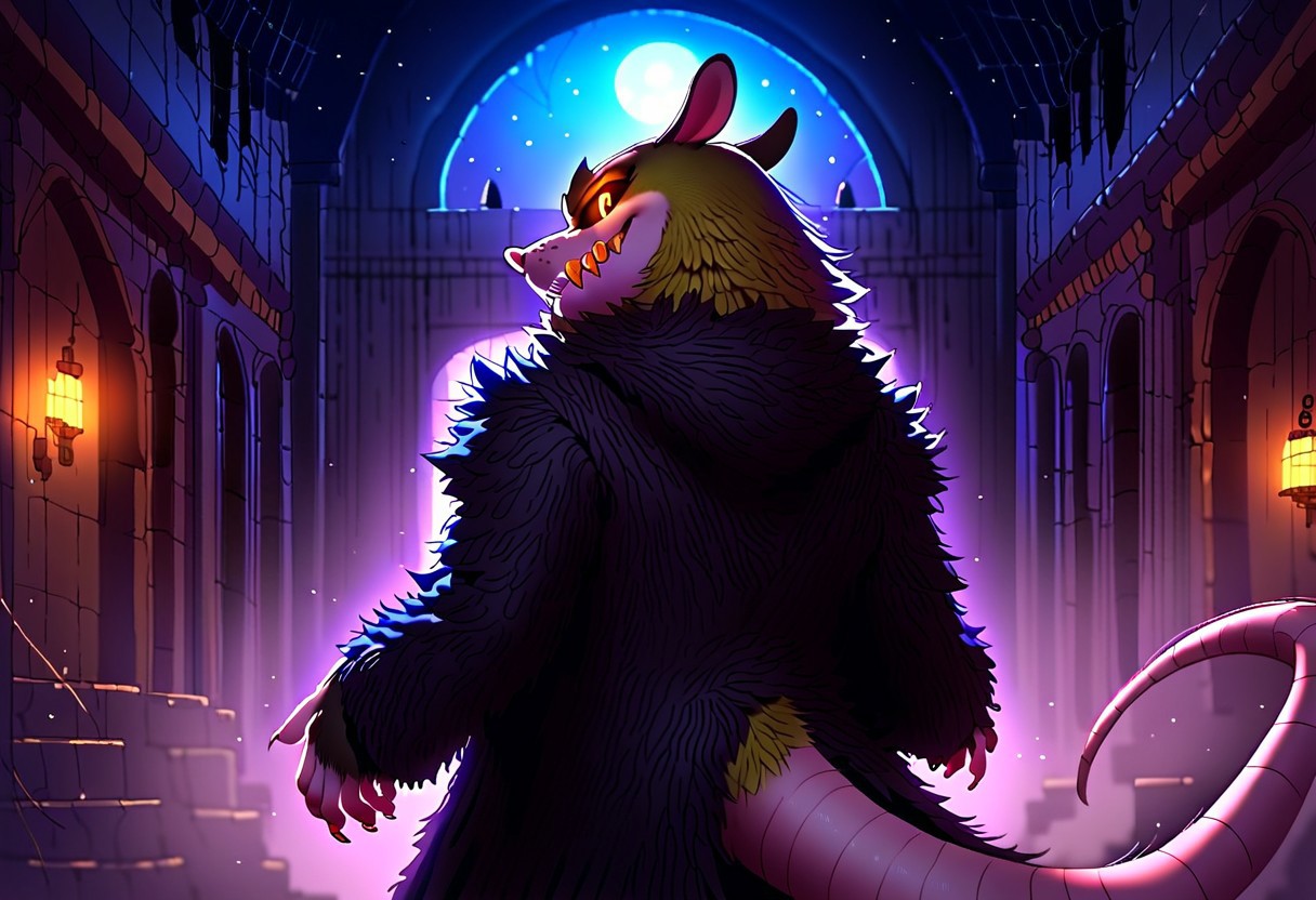 score_9, score_8_up, score_7_up, score_6_up, Clutch the Opossum, black sclera, back view, coat, gold tooth, sharp teeth, glowing eyes, abandoned storage building, indoors, night, moon, stars, ambient light, solo, looking back at viewer, detailed, furry, 5 fingers