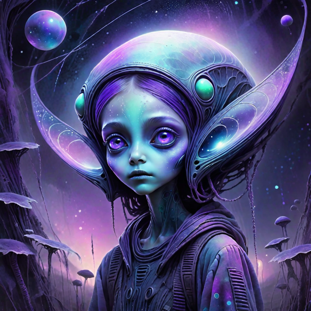 albedo, aliendance, restart, alien female, Muted pastel and grunge tones mixed together, Digital painting with hand-drawn textures, Tilted lens for dreamy perspective, Sparkling dust particles reflecting soft light, Deep Twilight & Neon Glow alien_wanderer, <lora:artfully_YOUNGALIEN_SDXL:0.8>,