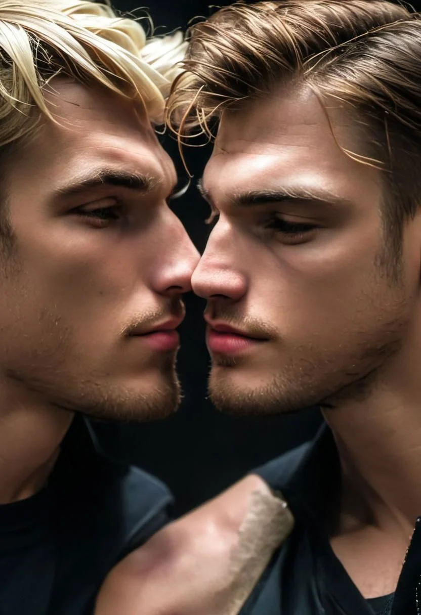 kyle ross, male focus, 2men, two handsome 18yo platinum blonde twinks embracing and kissing, close up of faces kissing, holding each other from behind, hugging from behind, face focus, dynamic posture, dramatic angle, camera angle from below, shirtless, stubble, hands on hip, black dog collar, black neck collar, long chain necklace, shirtless, kinky,
skinny muscled, slender muscled, skinny, slender features, narrow shoulders, detailed armband tattoo, cute face, boyish face, perfect biceps, bicep veins, bulging veins, defined veins, great pecs, thin waist, angular face, strong and powerful, sporty, predatory look, feathered hair, long hair, shoulder length hair, great detail, satisfaction, blue eyes, bubble butt, small ass, small butt, tight shorts,
(Masterpiece, high quality:1.3), masterpiece, depth of field, bokeh, detailed, homoerotic, (homoerotic), highly detailed, sharp focus, intricate, smooth, elegant, fantasy, cinematic lighting, cinematic, masterpiece, matte, photorealistic, 4k, beautiful, volumetric lighting, dramatic, photo-realistic, life-like, high detail, lighting, 8Knematic lighting, 8K, contrast lighting, contrasting lighting, cinematic lighting,