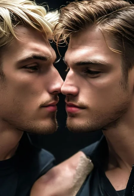 kyle ross, male focus, 2men, two handsome 18yo platinum blonde twinks embracing and kissing, close up of faces kissing, holding each other from behind, hugging from behind, face focus, dynamic posture, dramatic angle, camera angle from below, shirtless, stubble, hands on hip, black dog collar, black neck collar, long chain necklace, shirtless, kinky,
skinny muscled, slender muscled, skinny, slender features, narrow shoulders, detailed armband tattoo, cute face, boyish face, perfect biceps, bicep veins, bulging veins, defined veins, great pecs, thin waist, angular face, strong and powerful, sporty, predatory look, feathered hair, long hair, shoulder length hair, great detail, satisfaction, blue eyes, bubble butt, small ass, small butt, tight shorts,
(Masterpiece, high quality:1.3), masterpiece, depth of field, bokeh, detailed, homoerotic, (homoerotic), highly detailed, sharp focus, intricate, smooth, elegant, fantasy, cinematic lighting, cinematic, masterpiece, matte, photorealistic, 4k, beautiful, volumetric lighting, dramatic, photo-realistic, life-like, high detail, lighting, 8Knematic lighting, 8K, contrast lighting, contrasting lighting, cinematic lighting,