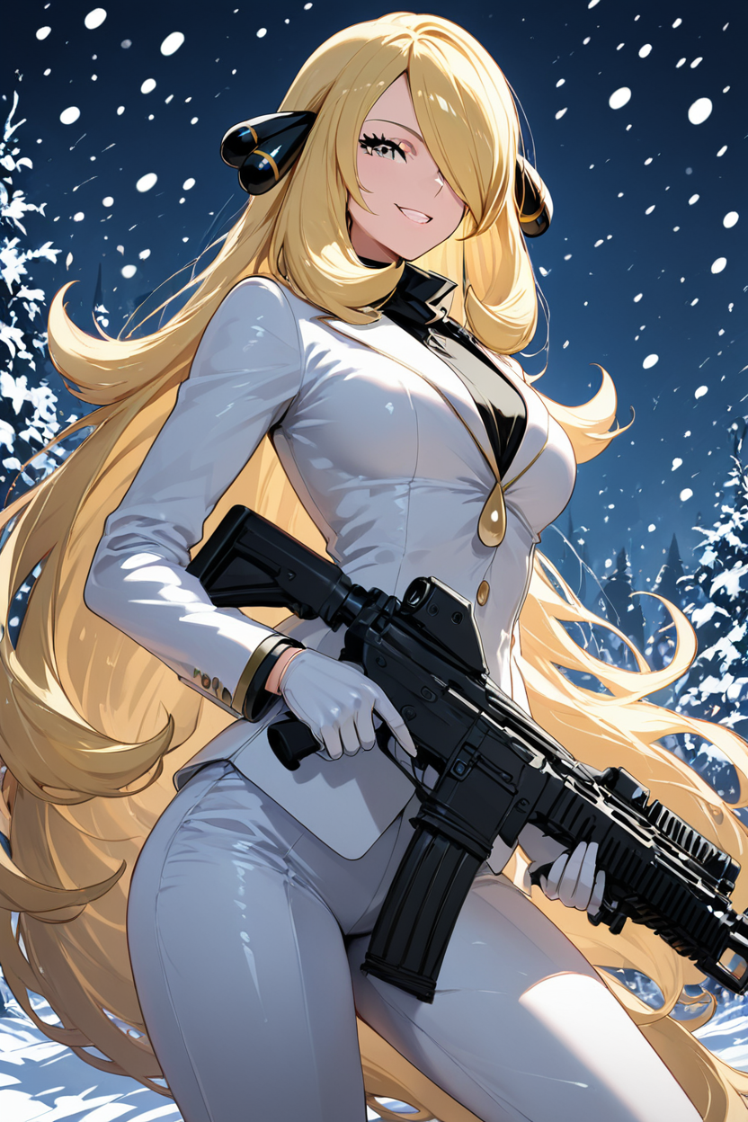 score_9, score_8_up, score_8, medium breasts, (curvy), cute, eyelashes,      ,,,   C007Citron, grey eyes, hair over one eye, blonde hair, hair ornament, long hair,  long sleeves, white gloves, white jacket, white pants, alternate costume, shirt, holding gun, snowing, assault rifle,  <lora:Cynthia007PDXL:1>,   ,,, smile, looking at viewer,  ,,, embedding:zPDXL, Expressiveh, <lora:SDXLFaeTastic2400:0.5>,  <lora:Expressive_H-000001:0.4>,