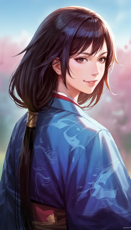 score_9,score_8_up,score_7_up,
highly detailed,highres,<lora:naotoraIi:0.8>,naotora ii,
1girl,solo,black hair,long hair,low ponytail,
brown eyes,facing aside,looking at viewer,smile,parted lips,
blue kimono,layered blue and yellow fabric with red accents,intricate patterns,
upper body,
outdoors,sky,simple background,blurry background,