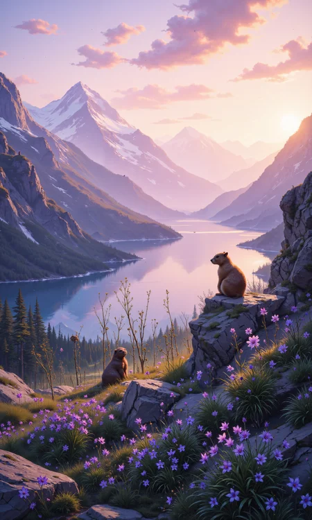 Ethereal mountain meadow at twilight, bathed in soft lavender and golden hues. Delicate alpine wildflowersâgentians, edelweiss, and forget-me-notsâsway gently in the cool breeze. Misty tendrils curl around weathered boulders, their surfaces adorned with patches of vibrant lichen. A distant glacial lake reflects the fading sunlight, creating a mirror-like surface. Majestic snow-capped peaks loom in the background, their silhouettes sharp against the pastel sky. Fireflies emerge, their bioluminescent dance adding a magical quality to the scene. A lone marmot observes from atop a rocky outcrop, its fur catching the last golden rays. Wispy cirrus clouds streak across the horizon, painted in vivid oranges and pinks. Intricate details, photorealistic quality, atmospheric depth, golden hour lighting, 8K resolution. <lora:Liquid_Clothes_v2:1.0> <lora:Semi-realisticPortraitPainting:0.5> <lora:flux_dev:1>