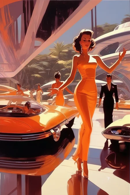 <lora:Syd Mead Style:1>Syd Mead Style - a canteena scene with beautiful woman dancing in the style of Syd Mead