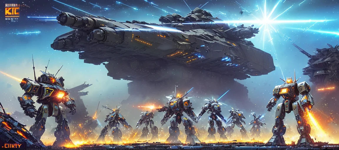 masterpiece hyperrealistic, best quality, 8k, pixiv, cgsociety, 2d, ultrarealistic full color illustration, realistic digital art, (battleship attacking small troops:1.4), different type of mechas, (fighting stance:1.3), (1female mecha:1.4), space war, battle of galaxy, (mecha fighting mecha:1.5), (in ruin city of mars:1.5), (dark blue skies:1.5), (epic battlefield:1.5), (turrets attacking robots:1.2), (shattered ground:1.5), ground explosion, ground particles, dirt particle, shooting, flying, attacking, destroying, (shattered iron pieces floating:1.2), metal pieces particles, (light particles:1.3), (plasma, lasers:1), (big explosions:1.5), (small troops:1.2) attacking robots, (medium robots:1.5) and (lot of small human troops:1.5), (small humanoid troops:1.3), dynamic pose, on ground, rock mountain, robotic building, (epic ruins city environment:1.2), (bright glowing stars:1.4), (big earth on blue skies:1.5), meteor, machine, futuristic, hard surface modeling, space thematic, (blue, orange, red, purple:1.4), (colorful scheme:1.5), ambient light, realistic lighting, backlight, volumetric lighting, (atmospheric fog:1.3), cinematic lighting, dramatic scene, (depth of field, lens-flare, bloom, glare:1.3), sharp focus, (high contrast:1.2), (film grain), (CineColor:1.5), perspective,  manga effect by best mecha artist, (by John Berkey:1.5)