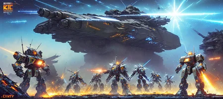 masterpiece hyperrealistic, best quality, 8k, pixiv, cgsociety, 2d, ultrarealistic full color illustration, realistic digital art, (battleship attacking small troops:1.4), different type of mechas, (fighting stance:1.3), (1female mecha:1.4), space war, battle of galaxy, (mecha fighting mecha:1.5), (in ruin city of mars:1.5), (dark blue skies:1.5), (epic battlefield:1.5), (turrets attacking robots:1.2), (shattered ground:1.5), ground explosion, ground particles, dirt particle, shooting, flying, attacking, destroying, (shattered iron pieces floating:1.2), metal pieces particles, (light particles:1.3), (plasma, lasers:1), (big explosions:1.5), (small troops:1.2) attacking robots, (medium robots:1.5) and (lot of small human troops:1.5), (small humanoid troops:1.3), dynamic pose, on ground, rock mountain, robotic building, (epic ruins city environment:1.2), (bright glowing stars:1.4), (big earth on blue skies:1.5), meteor, machine, futuristic, hard surface modeling, space thematic, (blue, orange, red, purple:1.4), (colorful scheme:1.5), ambient light, realistic lighting, backlight, volumetric lighting, (atmospheric fog:1.3), cinematic lighting, dramatic scene, (depth of field, lens-flare, bloom, glare:1.3), sharp focus, (high contrast:1.2), (film grain), (CineColor:1.5), perspective,  manga effect by best mecha artist, (by John Berkey:1.5)
