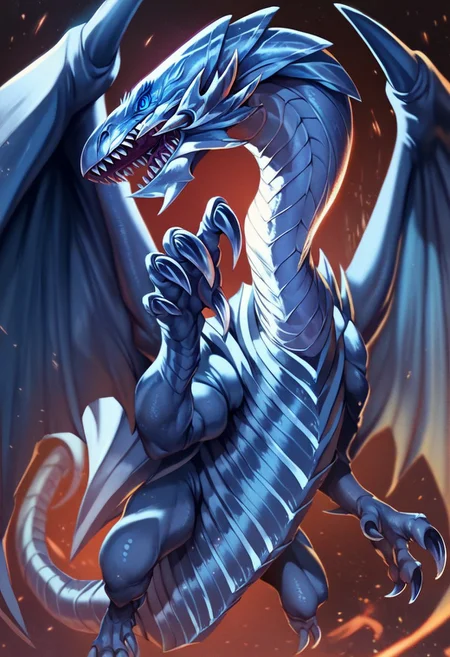 score_9_up, score_8_up, score_7_up, score_6_up, bewd, blue-eyes white dragon, dragon, giant dragon, silver metal scales, metallic scales, realistic metal scales, scaly body, polished scales, reflective metal scales, segmented body, claws, wings, dragon wings, blue eyes,