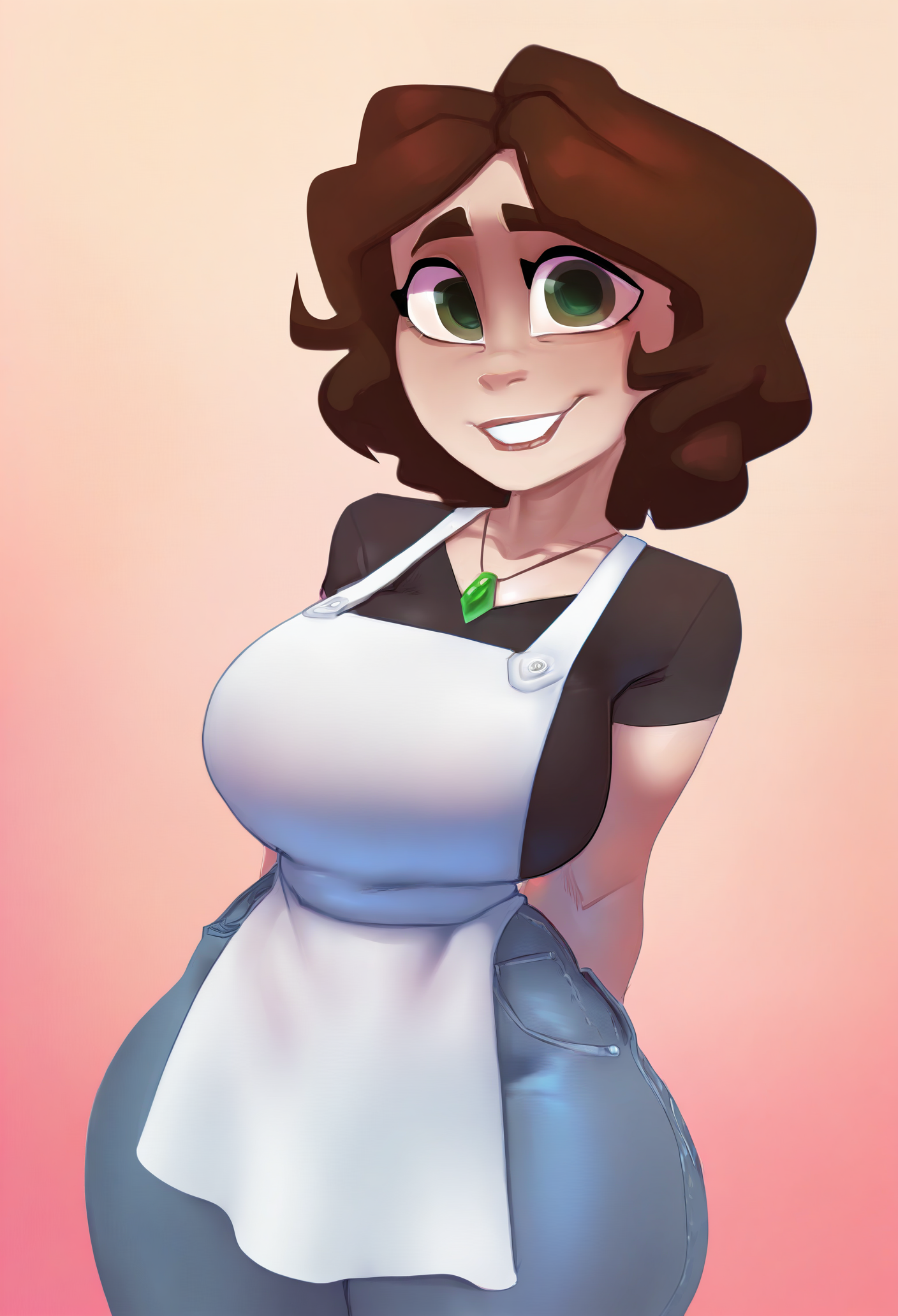 1girl, solo, mature female, curvy, large breasts, smile, gradient background, arms behind back, white apron, looking at viewer, 
brown hair, short hair, green eyes, brown eyes, mature female, necklace, pendant, black shirt, short sleeves, denim, jeans, 
masterpiece, best quality, <lora:bikupan-guy90-Illust-Lycorisv1:1>, napkib, <lora:auntcass-guy90-Illust-LoraV1:1>, ssanua