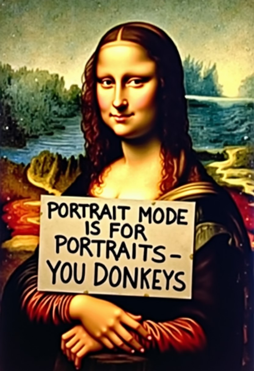 the 'Mona Lisa' woman from the "Mona Lisa painting,  holding a sign that reads; "PORTRAIT MODE IS FOR PORTRAITS -- YOU DONKEYS"