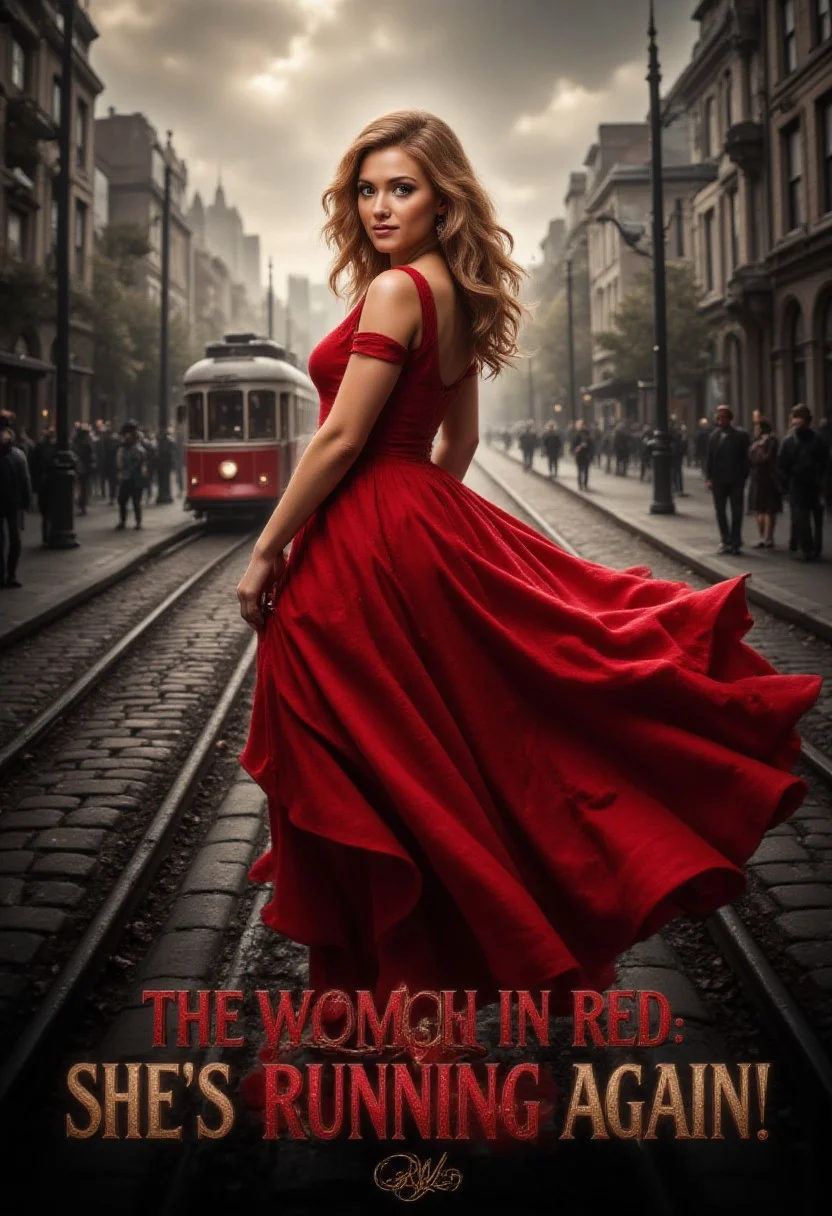 photo of a captivating woman with perfect curly hair, dressed in a flowing red dress with her skirt lifted by the wind. aidmaTextImprover, The tagline with text: "The Woman in Red" is featured with the red film's title "SHE'S RUNNING AGAIN!" below in bold. monochromatic background (showing a street with a tram on the tracks) concept art, styled like a model shoot in a low-motion fashion, kitsch movement, signed, wearing red, casually dressed, hyper realistic, bestselling movie poster, promotional movie poster