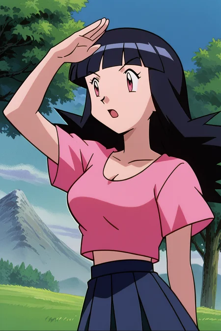 score_9,score_8_up, score_7_up, BREAK ict style, retro artstyle,1girl,solo,cowboy shot, outdoors, grass, tree,blue sky,mountain, black hair, long hair, blunt bangs,pink eyes, pink t-shirt, crop top, black pleated skirt,cleavage,medium breasts,looking afar, looking to the side,shading eyes,salute,:o, open mouth, surprised,thighs, hand behind back,short sleeves, arm up,hand on own forehead, (from side:0.7),straight hair,  <lora:PokeMoviesPony:1>