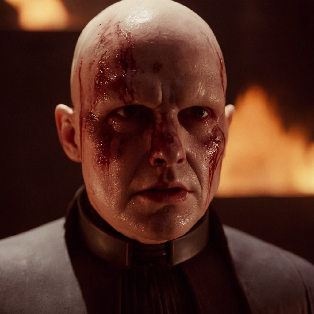 cinematic film still of  <lora:Darth Vader:1.5>
Darth Vader a close up of a bust of a bald man with a bloody burned face with burn marks and white face in star wars universe, shallow depth of field, vignette, highly detailed, high budget, bokeh, cinemascope, moody, epic, gorgeous, film grain, grainy