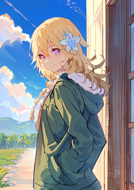 (masterpiece), (best quality), 1girl, <lora:misono -000015:1>,green jacket,light smile,flower hair ornament,purple eyes,stand , (arms behind back), facing viewer, blue sky, sunshine, soft wind, countryside, beautiful background ,