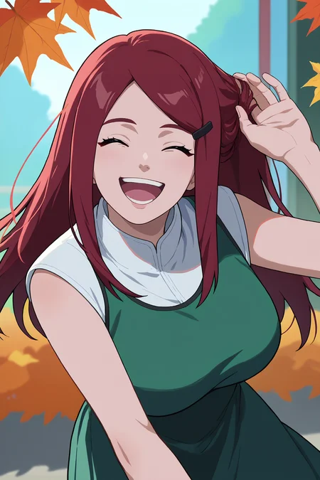 score_9, score_8_up, score_7_up, score_6_up, source_anime, 1girl, solo,  <lora:kushina-pdxl-nvwls-v1-000004:1> kshna, red hair, long hair, hairclip, white shirt, green dress, sleeveless, long dress, closed eyes, laughing, open mouth, happy, hand up, big breasts, autumn, hand in hair, hair flip, anime screencap