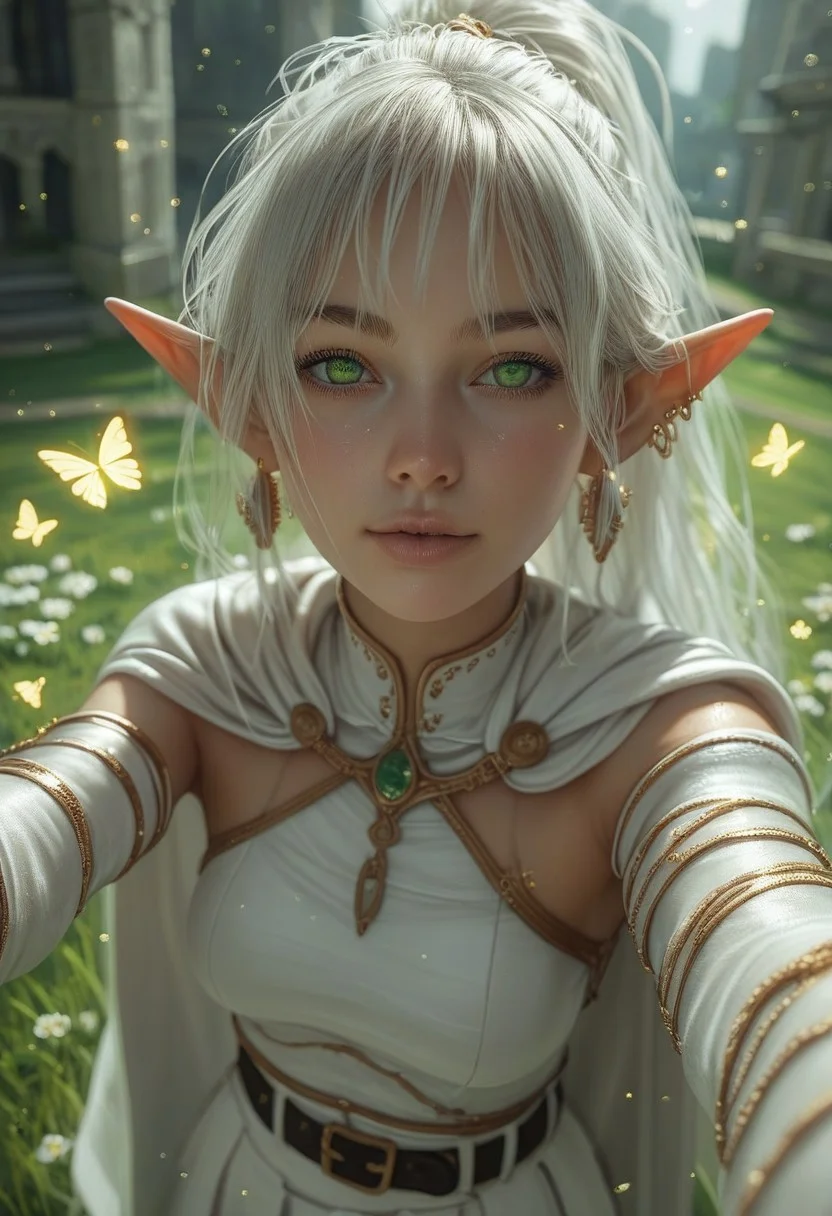source_anime, score_9, score_8_up, score_7_up, score_6_up, 1girl, to freeze, (masterpiece:1.3), (A high resolution), (extremely detailed),perfect face, beautiful eyes and face, (Best quality), (Super detailed), detailed face and eyes, (One), Textured leather, absurdity, A high resolution, ponytail, Very long hair, silver hair, pointed ears, elf, white cape, green eyes, black tights, earrings, White skirt, belt, white sleeves, POV, selfie, butterfly, grass, stone street, darkness, glowing particles, glowing butterfly,
