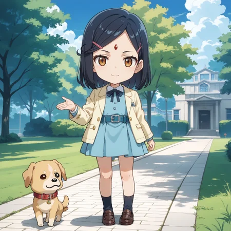 score_max, (score_9, score_8_up, score_7_up:1.0), score_6_up, official art, source_anime,
, masterpiece, absurdres, high detail, 8k,
park, grass, blue sky, cloud,
standing, dog, golden retriever, hand on dog, light smile,
(chibi:1.2), solo, dolma, hairclip, forehead jewel, school uniform, collar, neck ribbon, blue dress, yellow jacket, belt, long sleeves, black socks, loafers, panties,
<lora:XL_Pony_anime-lupin5-dolma-t1:1.0>
