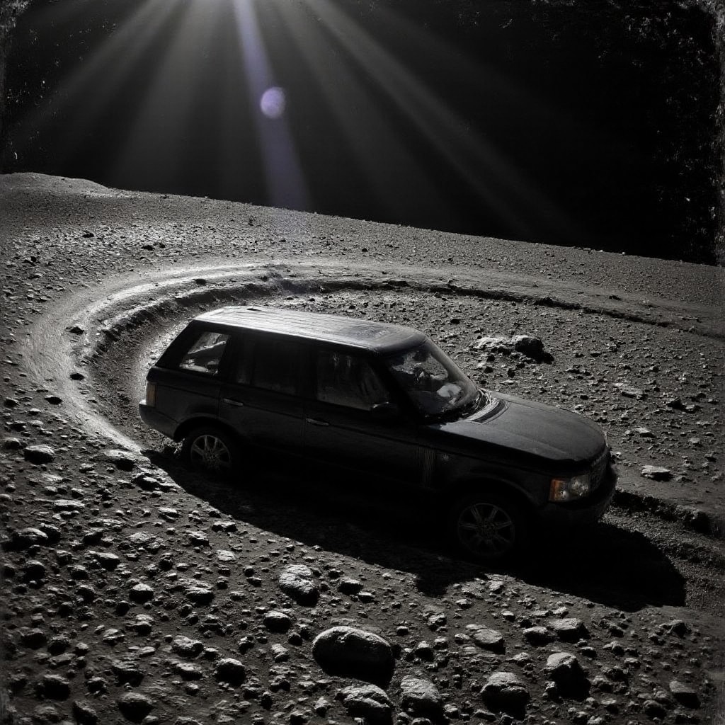 A hyperrealistic analog-style photo of a Range Rover L322 reimagined as a spacecraft, gliding through the dense, chaotic rings of a distant planet. The vehicle, sleek yet rugged, appears side-on, with its silhouette blending into the monochromatic tones of the scene. Surrounding it are countless fragments of icy and rocky debris, captured in a swirling, dynamic motion as the car-ship carves a path through the dense rings. The photograph is grainy and heavily dust-laden, with visible scratches and imperfections on the lens, adding to its raw, unpolished aesthetic. The lighting is dim, with muted gray tones dominating the palette, creating a stark, ethereal ambiance. The soft glow of distant starlight reflects faintly off the vehicle's surface, emphasizing its resilience amidst the harsh environment. The surreal combination of a terrestrial machine traversing a cosmic phenomenon evokes a sense of awe and otherworldly adventure, as if taken from an amateur camera during an unprecedented space exploration mission. mad-nbla, N4sa, N4sa, aidmaimageupgrader