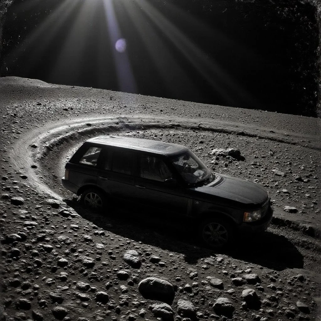 A hyperrealistic analog-style photo of a Range Rover L322 reimagined as a spacecraft, gliding through the dense, chaotic rings of a distant planet. The vehicle, sleek yet rugged, appears side-on, with its silhouette blending into the monochromatic tones of the scene. Surrounding it are countless fragments of icy and rocky debris, captured in a swirling, dynamic motion as the car-ship carves a path through the dense rings. The photograph is grainy and heavily dust-laden, with visible scratches and imperfections on the lens, adding to its raw, unpolished aesthetic. The lighting is dim, with muted gray tones dominating the palette, creating a stark, ethereal ambiance. The soft glow of distant starlight reflects faintly off the vehicle's surface, emphasizing its resilience amidst the harsh environment. The surreal combination of a terrestrial machine traversing a cosmic phenomenon evokes a sense of awe and otherworldly adventure, as if taken from an amateur camera during an unprecedented space exploration mission. mad-nbla, N4sa, N4sa, aidmaimageupgrader