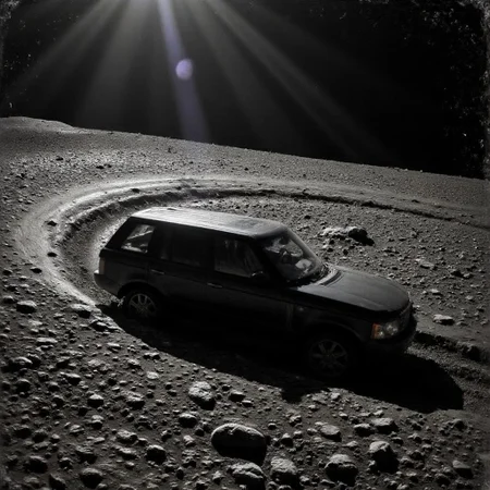 A hyperrealistic analog-style photo of a Range Rover L322 reimagined as a spacecraft, gliding through the dense, chaotic rings of a distant planet. The vehicle, sleek yet rugged, appears side-on, with its silhouette blending into the monochromatic tones of the scene. Surrounding it are countless fragments of icy and rocky debris, captured in a swirling, dynamic motion as the car-ship carves a path through the dense rings. The photograph is grainy and heavily dust-laden, with visible scratches and imperfections on the lens, adding to its raw, unpolished aesthetic. The lighting is dim, with muted gray tones dominating the palette, creating a stark, ethereal ambiance. The soft glow of distant starlight reflects faintly off the vehicle's surface, emphasizing its resilience amidst the harsh environment. The surreal combination of a terrestrial machine traversing a cosmic phenomenon evokes a sense of awe and otherworldly adventure, as if taken from an amateur camera during an unprecedented space exploration mission. mad-nbla, N4sa, N4sa, aidmaimageupgrader