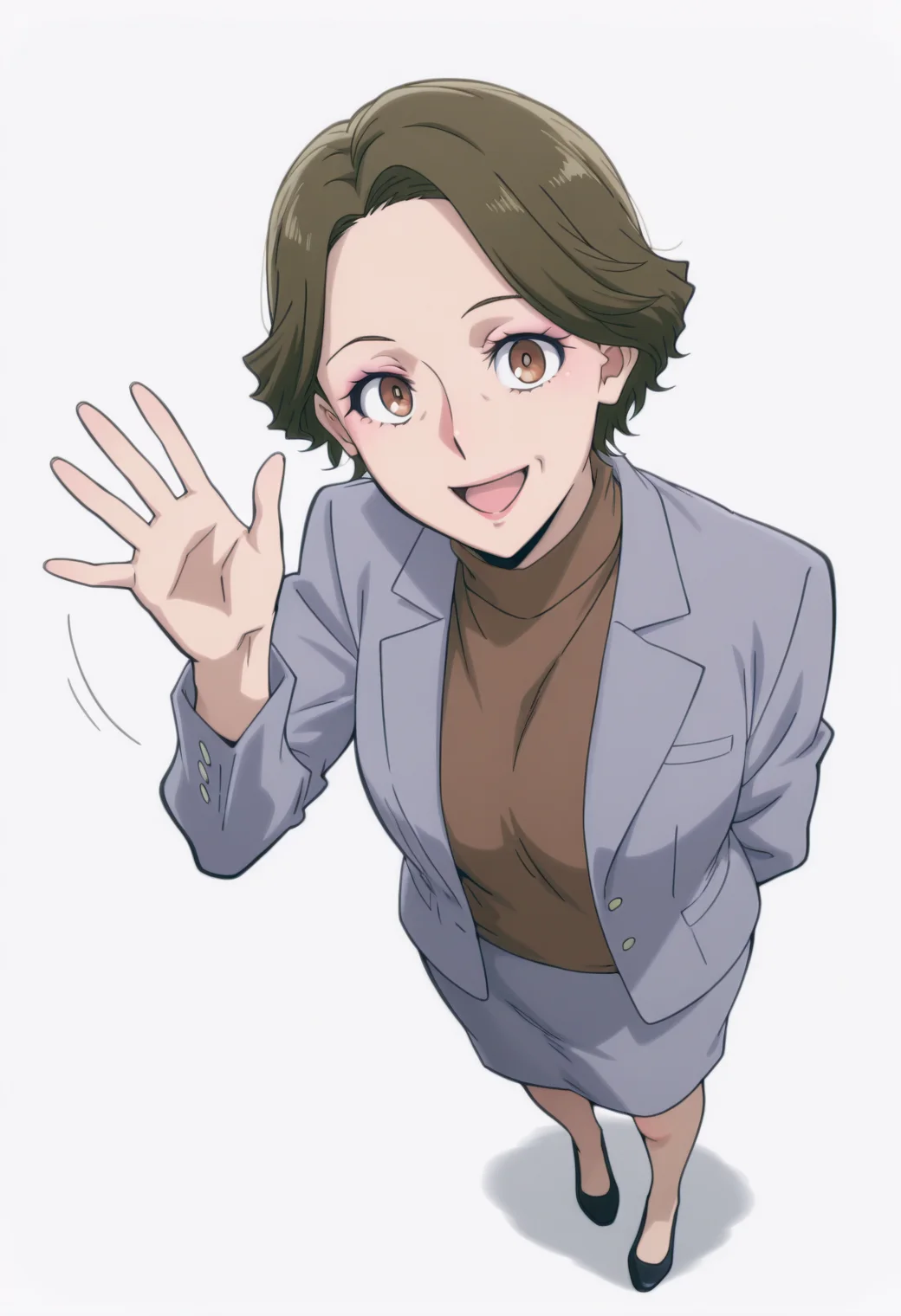 anime screencap, anime coloring,    <lora:DX888Shoko:1> haimawari shoko, brown eyes, brown hair, short hair, makeup, mature female, wrinkled skin, 
grey blazer, turtleneck sweater, brown sweater, grey skirt BREAK simple background,  white background, BREAK  1girl, dutch angle, looking at viewer,  open mouth,  smile, solo,  standing, waving, full body, (perspective:1.3),   from above, (foreshortening,:1.1)