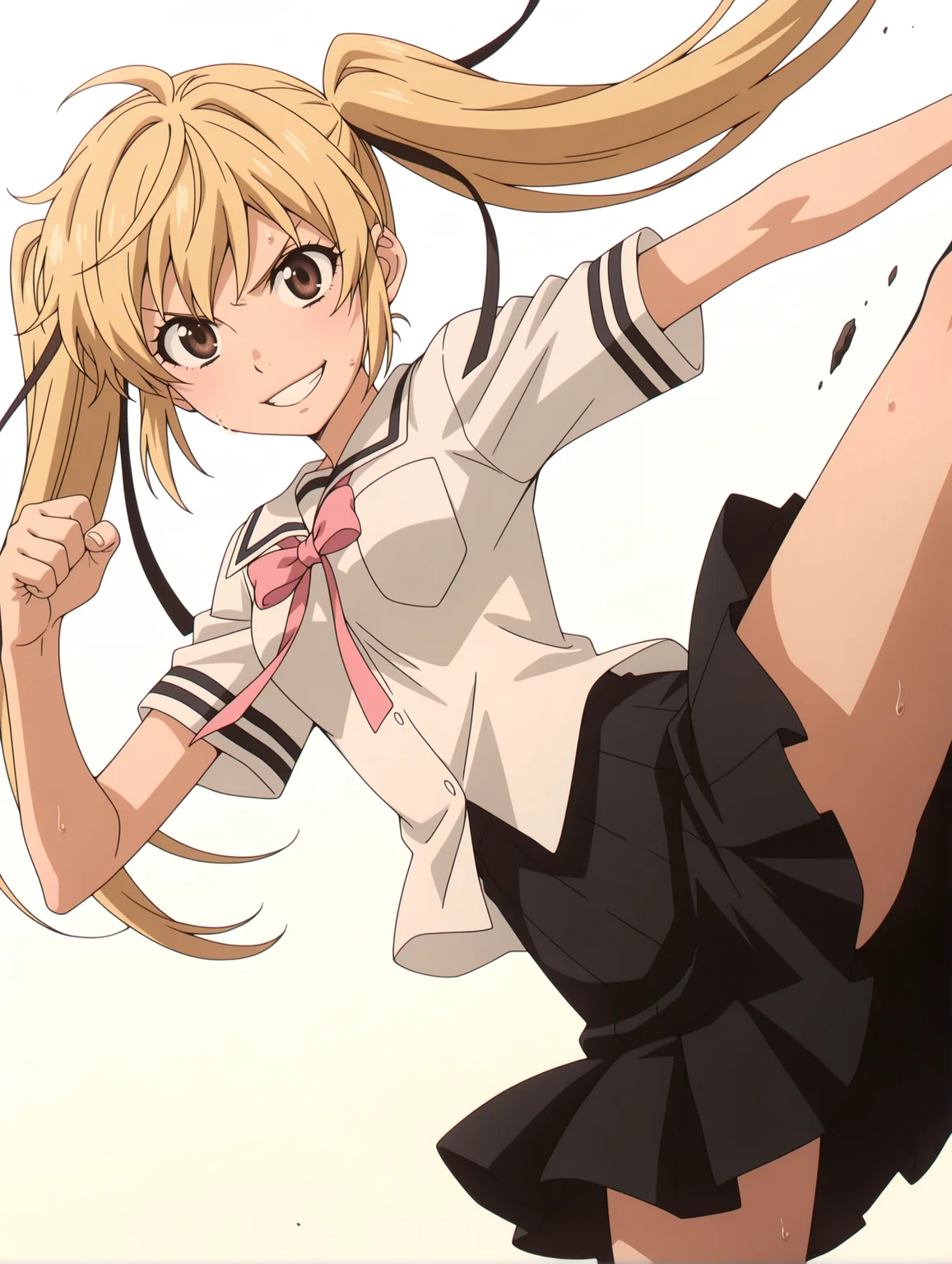 masterpiece,best quality,amazing quality,
1girl,solo,
anime screencap,<lora:s_raimei_ilxl_v1.0:1>,s_raimei,blonde hair,hair bow,twintails,brown eyes,
r_clothes,serafuku,ribbon tie,white shirt,black pleated skirt,
<lora:Fixhands_anime_bdsqlsz_V1:1>,dynamic_angle,cinematic_angle,simple_background,white_background,face_focus,(attack,(side kicking),standing on one leg,),sparkling sweat,grin,angry,looking_at_viewer,