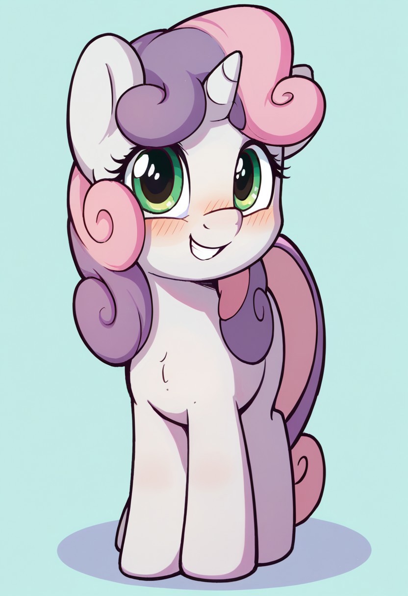 score_9, score_8, score_7, source_pony, sweetie belle, solo, unicorn, 1girl, blush, full body, smile, looking at viewer