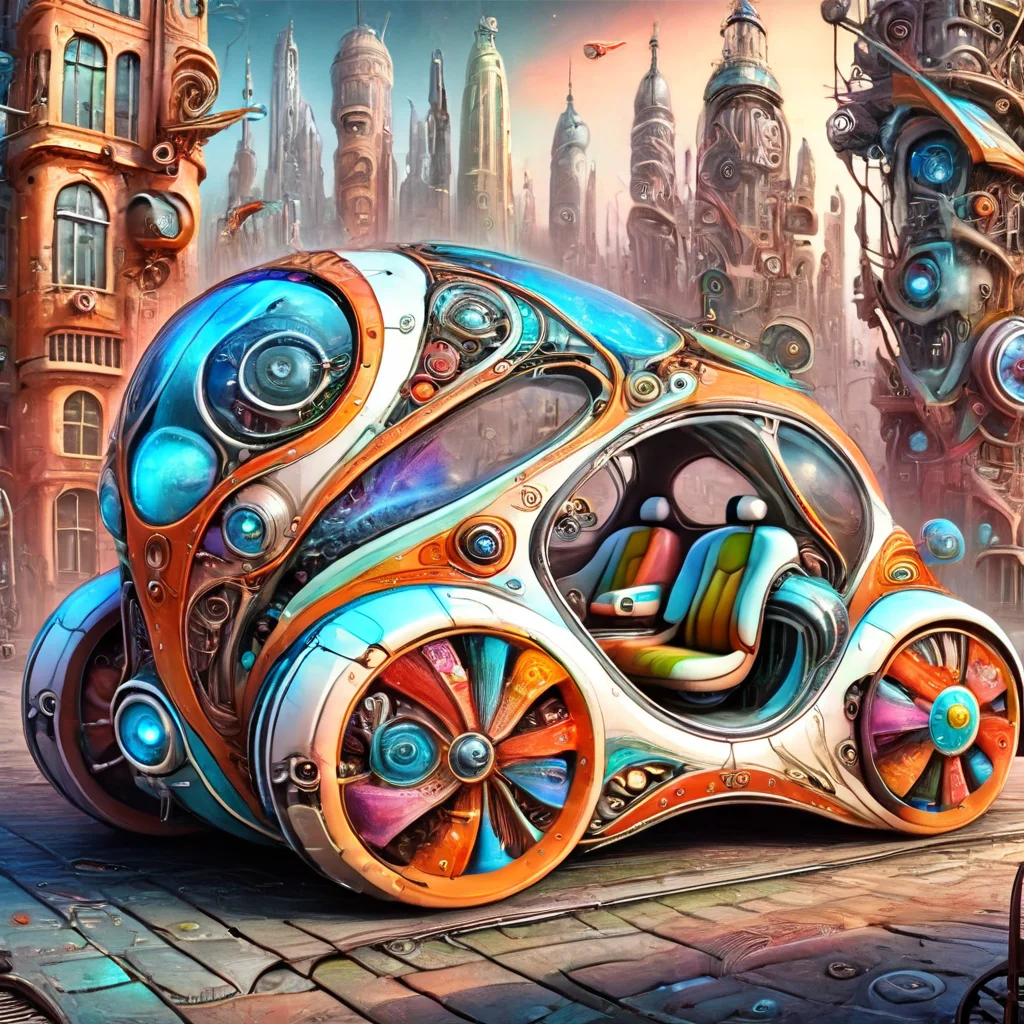 fantoria futuristic car in city, colorful <lora:fantoria:1>