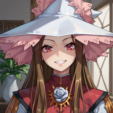 (score_9, score_8_up, score_7_up, score_6_up), source anime, BREAK, <lora:Rosary_Esmeralda_Yggdra_Union_Well_Never_Fight_Alone__Dept._Heaven:0.65> , RosaDef, brown hair, long hair, red eyes, white witch hat, interior, bedroom, close-up, bust shot, portrait, seductive, rose, grin, <lora:zy_Detailed_Backgrounds_v1:0.5> , detailed background, highly detailed, <lora:ExobeloStyle:0.7>