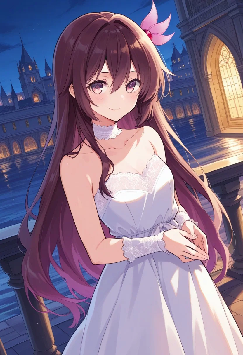 score_9_up, score_8_up, score_7_up, (Anime_source), masterpiece, volumetric lighting, vibrant colors, source_anime, perfectly detailed face and body and eye, high resolution, 1girl, solo, kisaragi, long hair, brown hair, brown eyes, purple eyes, kisaragi (kancolle), glancing at viewer, white dress, strapless dress, white lace choker, lace trim, long white lace-trimmed bracers, balcony, palace, night, medieval setting, cinematic, cowboy shot, dutch angle, perfecteyes, lineart, Perfect Hands, hdr, 8k wallpaper, ultra high quality, (extremely detailed cg), perfect lighting, (sharp image), komochi_artstyle, lineart
