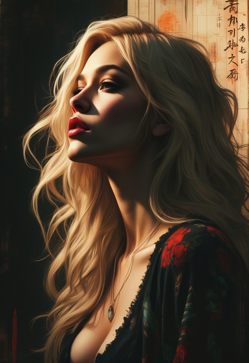 OBxiaoxiang, Silhouette Art, magnificent, dark background, inksplash portrait of stunning oriental woman, long blonde hair, seductive, sultry, lustful, red lips, direct gaze, light hitting one side of face, gradient colour background, Japanese kanji