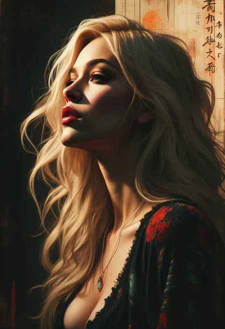 OBxiaoxiang, Silhouette Art, magnificent, dark background, inksplash portrait of stunning oriental woman, long blonde hair, seductive, sultry, lustful, red lips, direct gaze, light hitting one side of face, gradient colour background, Japanese kanji