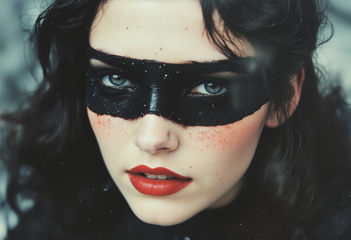 analogstyle, close up face of robotic woman with black translucent veil on the face, horror style, bokeh background