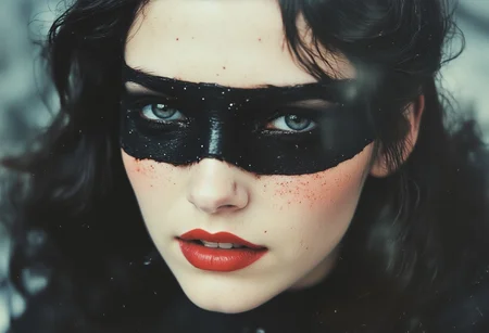 analogstyle, close up face of robotic woman with black translucent veil on the face, horror style, bokeh background
