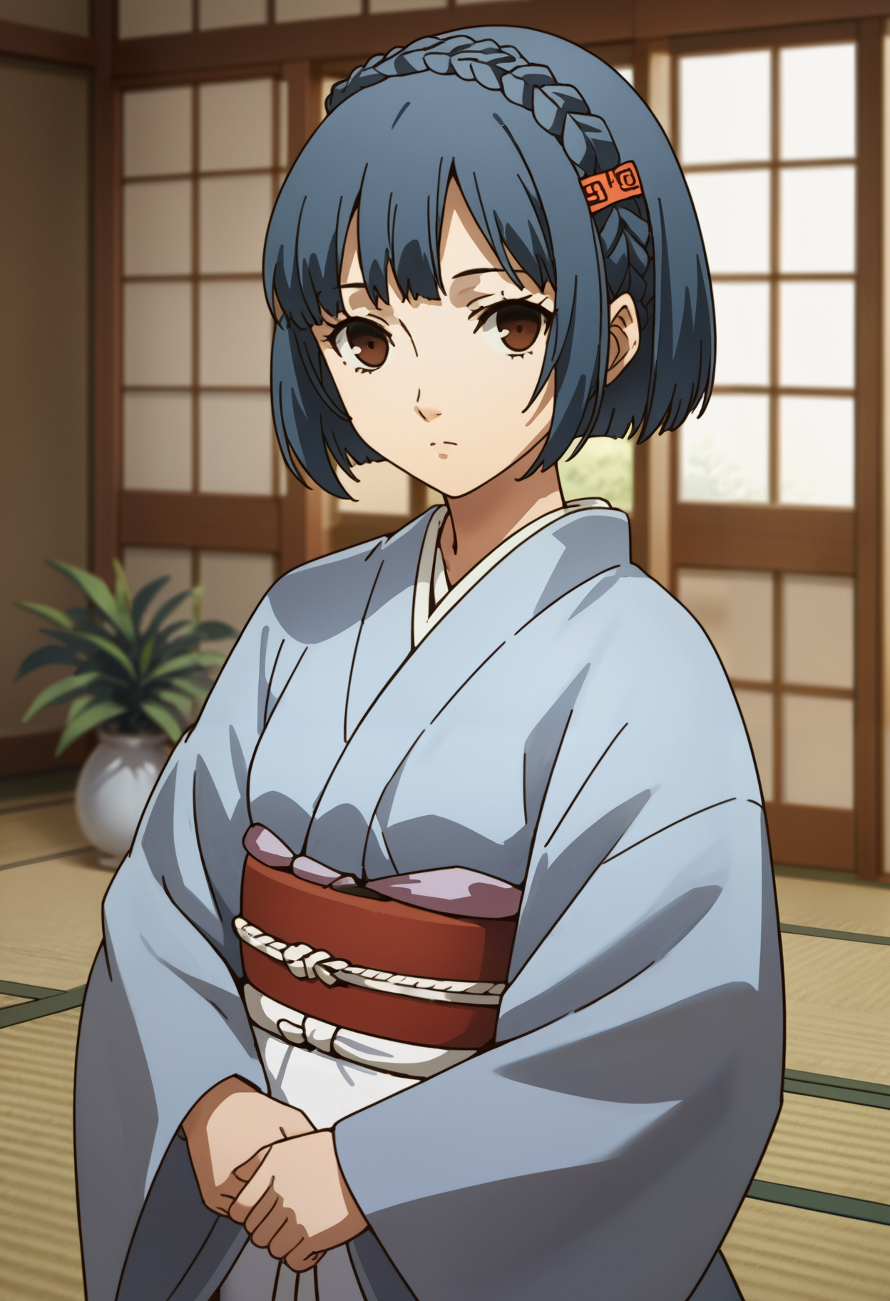 score_9, score_8_up, source_anime, 1 girl, solo, cute face,
p4aika, short hair, blue hair, hair ornament, crown braid,
japanese clothes, kimono, sash, obi, 
looking at viewer, expressionless, standing,
inside, tatami, 
masterpiece, best quality, ultra detailed,